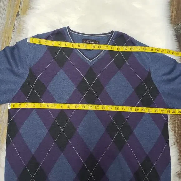 Black Brown 1826 Made in Italy 100% Merino Wool Argyle V-Neck Sweater Men XL - Picture 11 of 12
